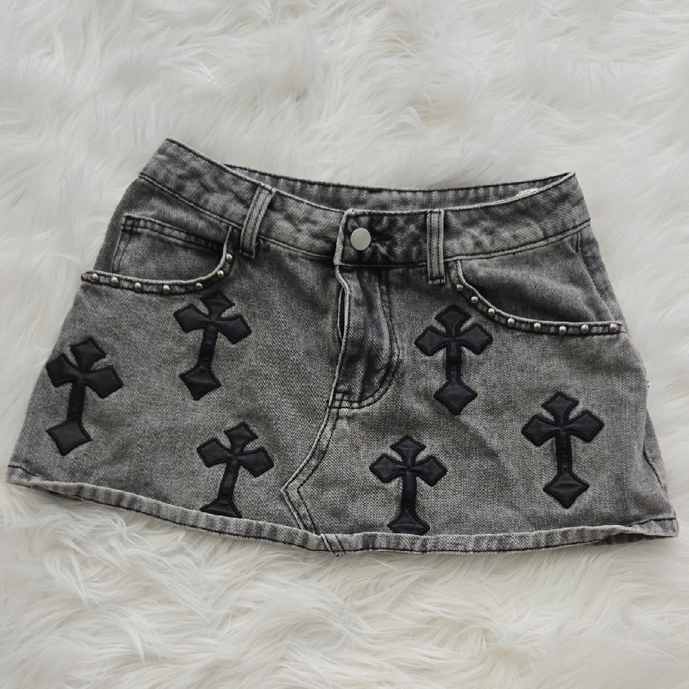 Gray Denim Mini Skirt with Black Cross Appliqués